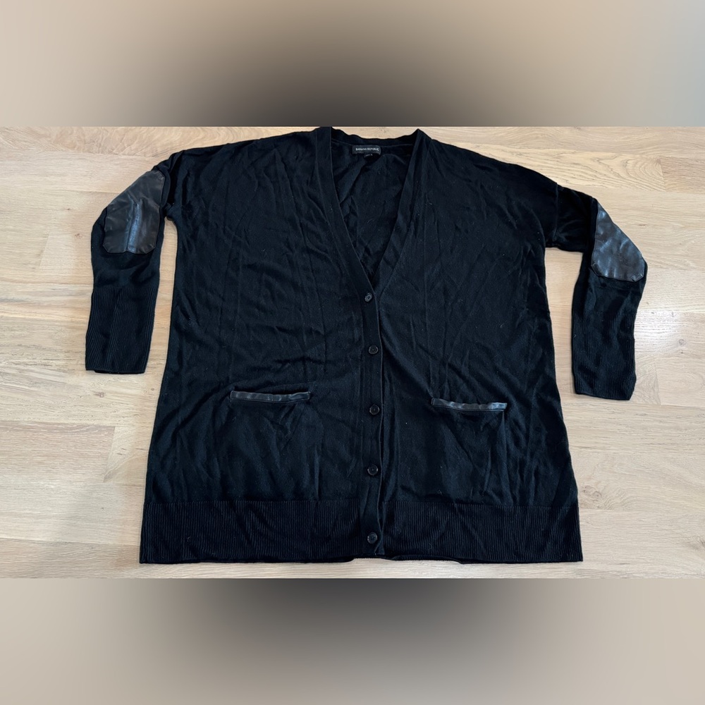 Banana Republic faux leather trim black cardigan size large